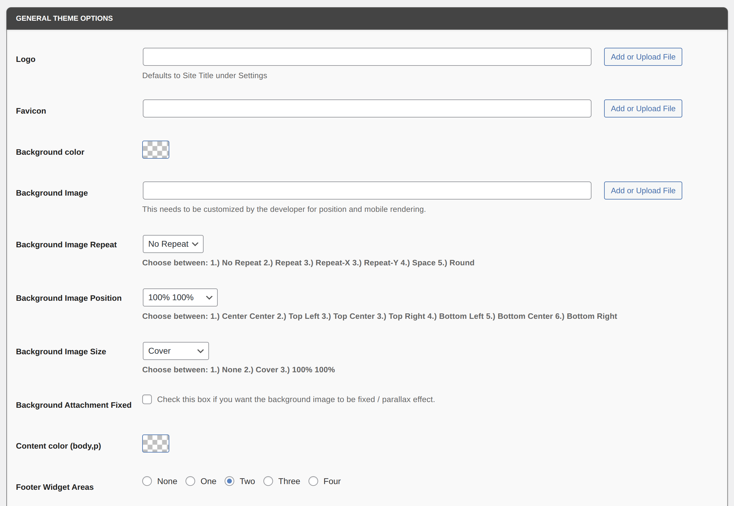 The General Theme Options section of Pegasus Options
